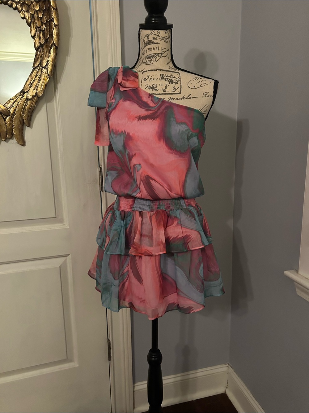 Amanda Uprichard Pink and Teal One-Shoulder Tiered Mini Dress